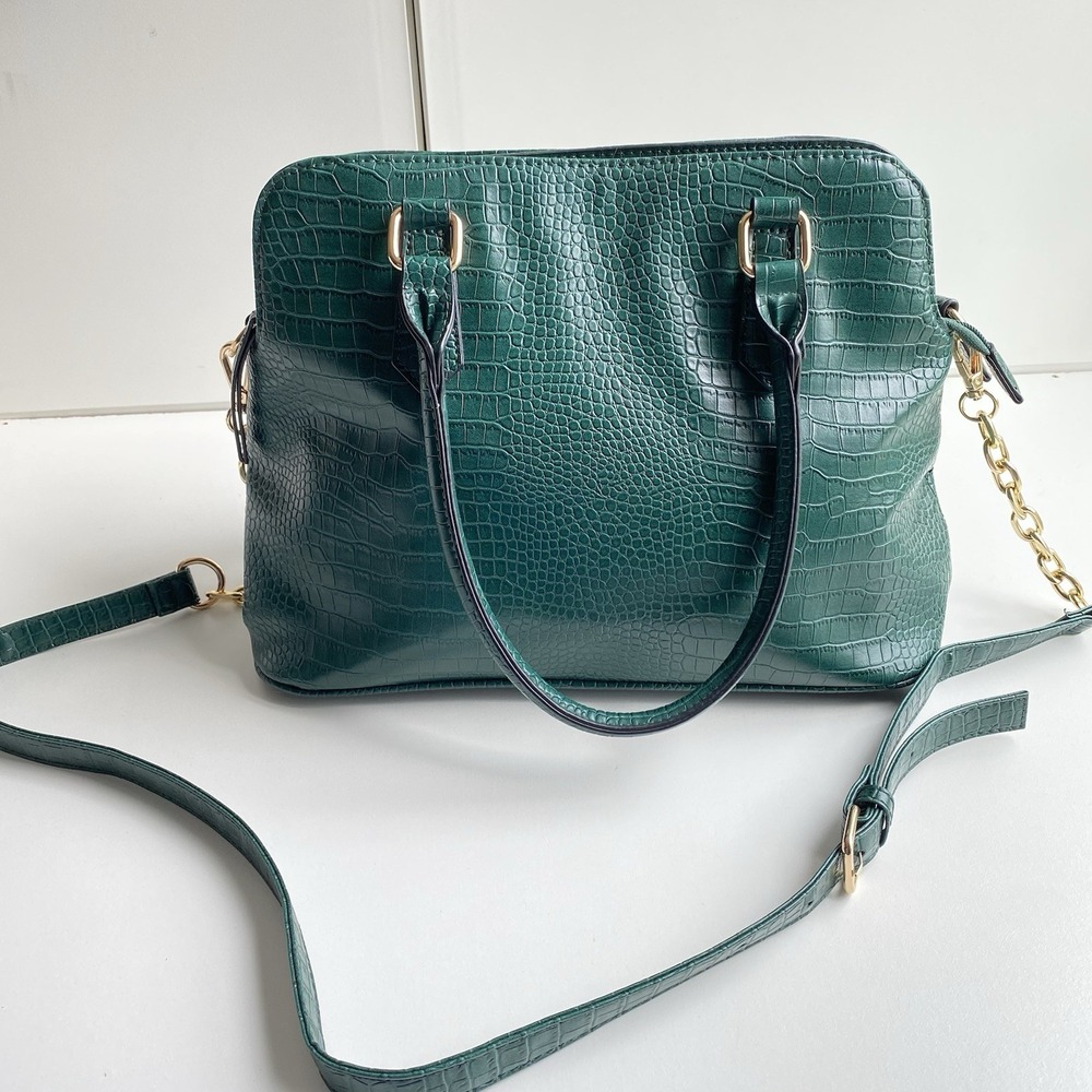 Faux Embossed Crocodile Satchel Handbag Crossbody Top Handle Purse Green Croc